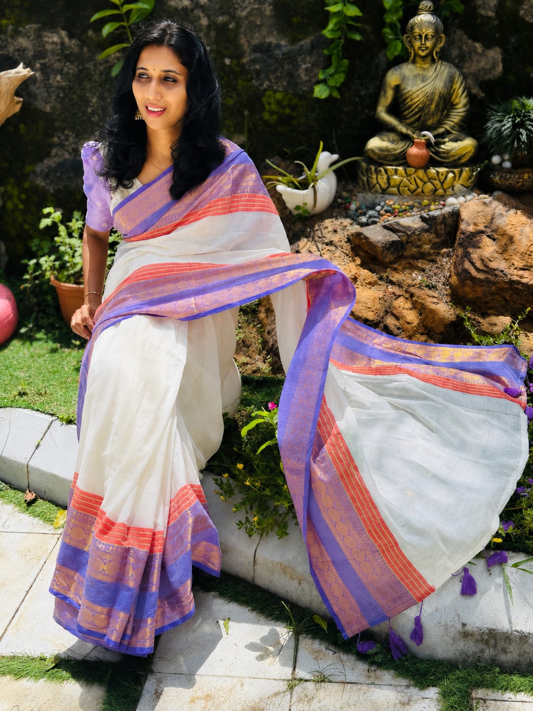 A0A72 MUL COTTON SAREE OFFWHITE LAVENDER
