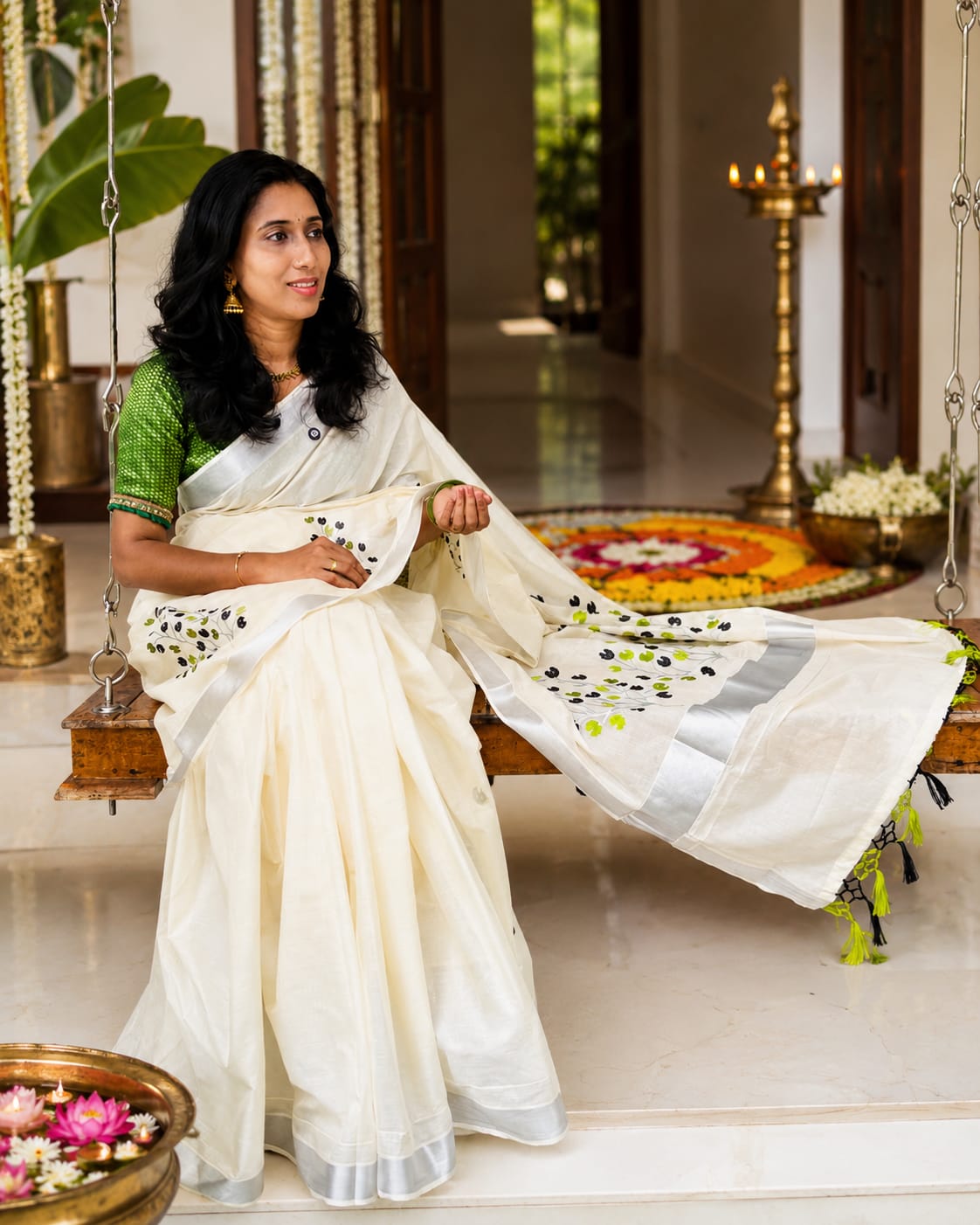 A0A72 Cotton Embroidery Silver Kasavu Saree