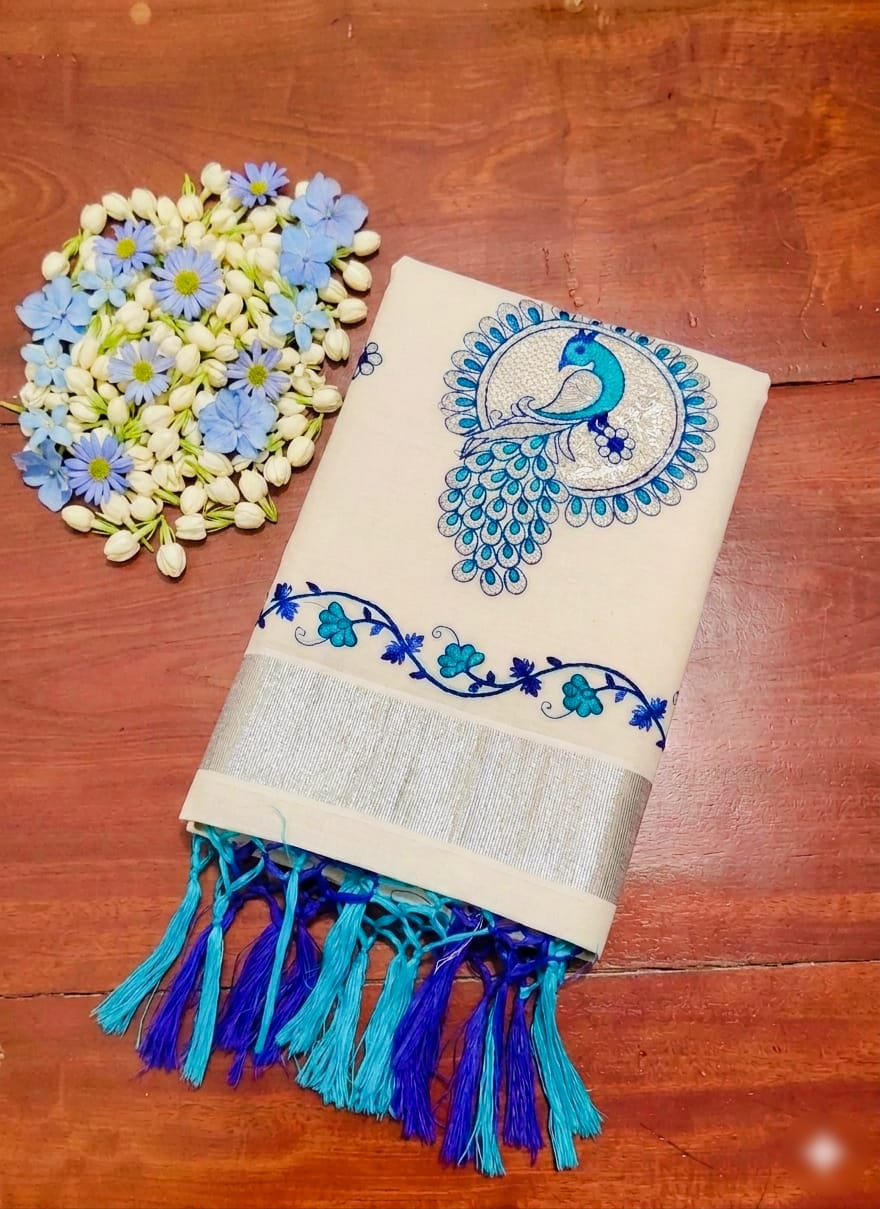 A0A72 Peacock Cotton Embroidery Silver Kasavu Saree - Image 2