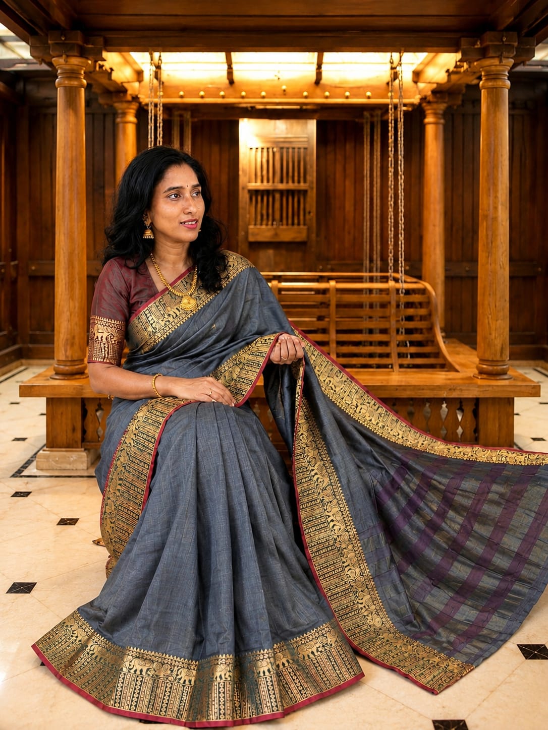 A0A72 Silk Cotton Elephant Print Narayanpett Saree - Image 5