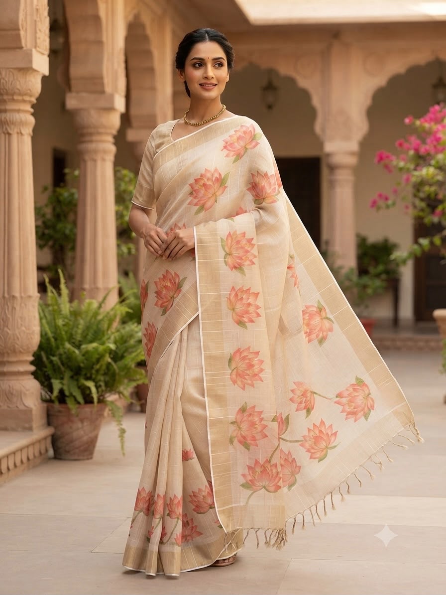 A0A59 LINEN Cotton Lotus Saree | Traditional Cotton Saree