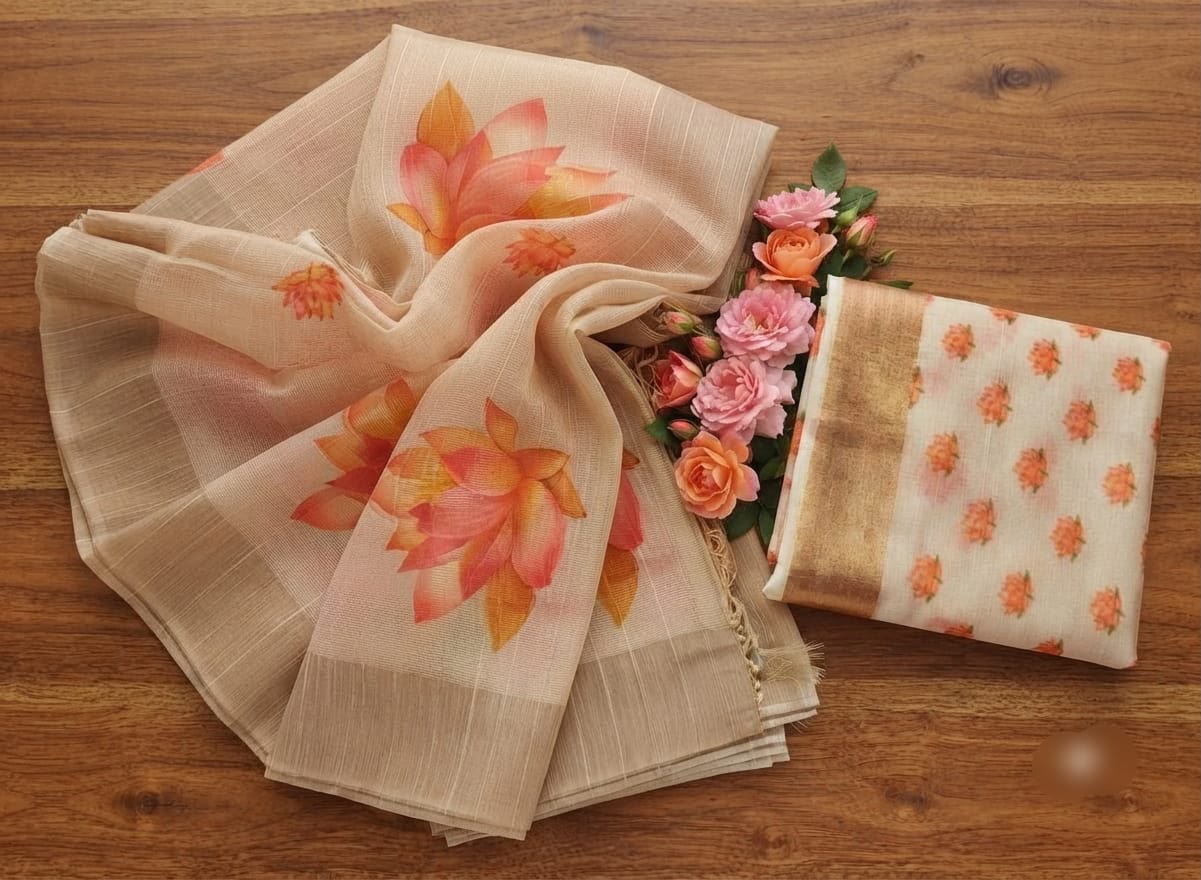 A0A59 LINEN Cotton Lotus Saree | Traditional Cotton Saree - Image 2