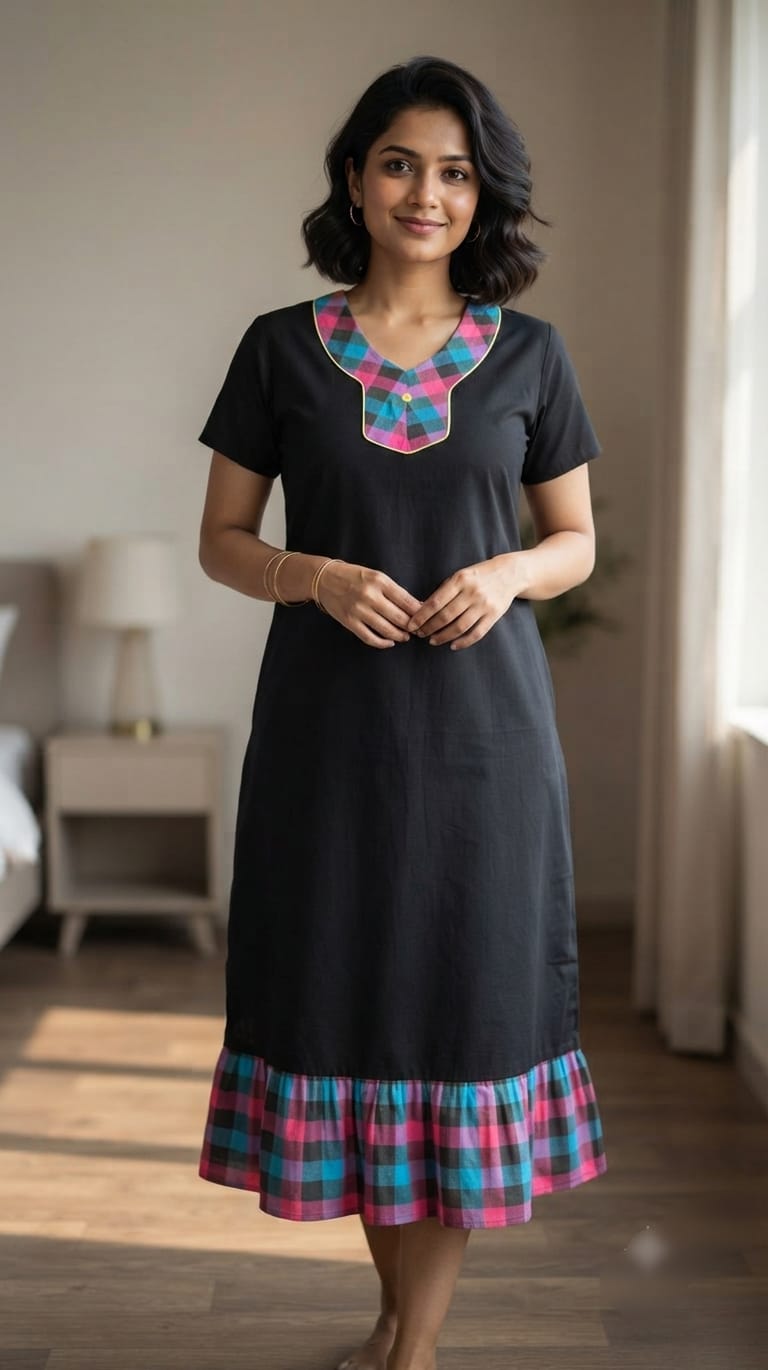 A0A51 Women's Madras Check Cotton Frock Nighty (2)| Comfortable Everyday Nightwear - Image 2