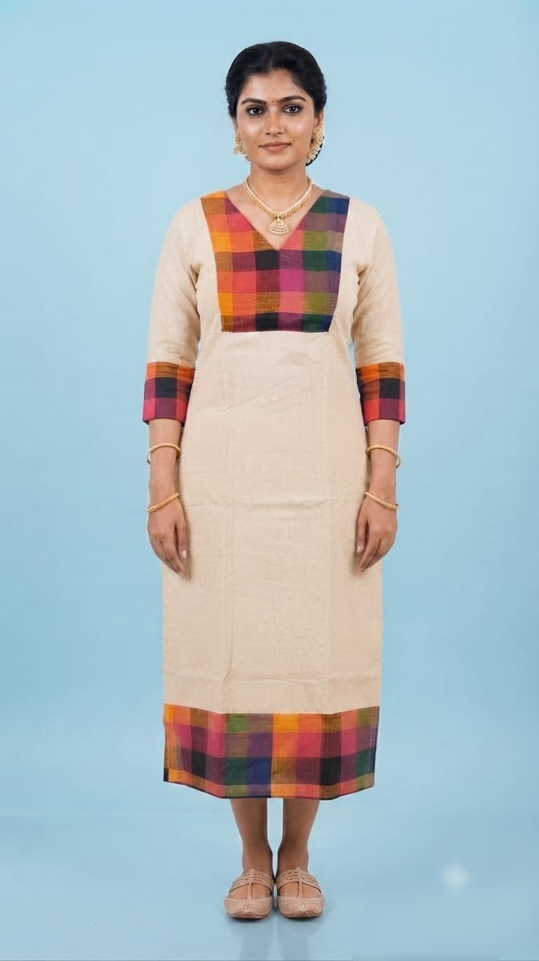A0A45 Ladies Madras Check V-Neck Kurthi | Stylish & Comfortable Ethnic Wear