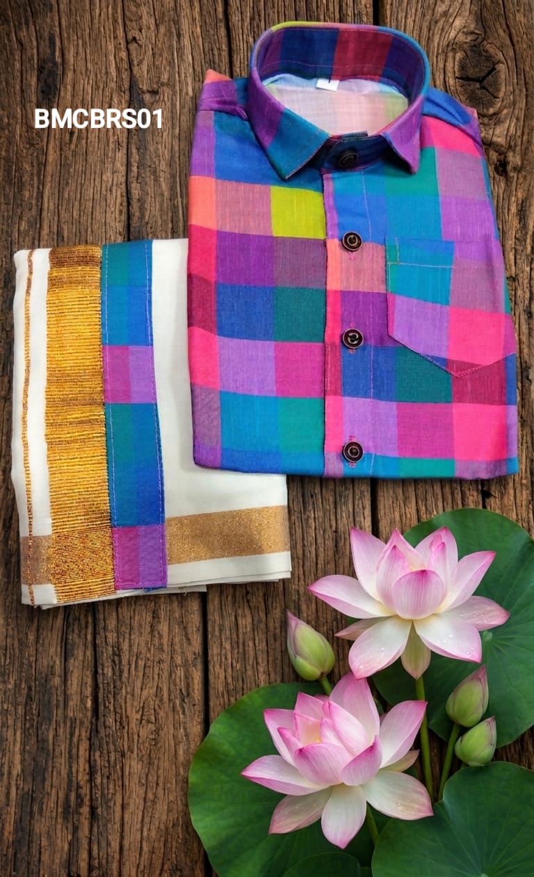 AA43(1-5yrs) Boys Madras Check Shirt & Dhoti Set | Onam Collection | Traditional Festive Wear - Image 2