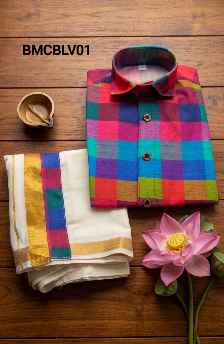 AA43(1-5yrs) Boys Madras Check Shirt & Dhoti Set | Onam Collection | Traditional Festive Wear - Image 3