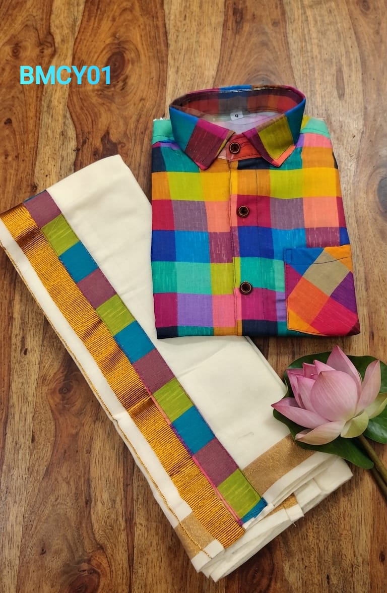 AA43(6-10yrs) Boys Madras Check Shirt & Dhoti Set | Onam Collection | Traditional Festive Wear - Image 8