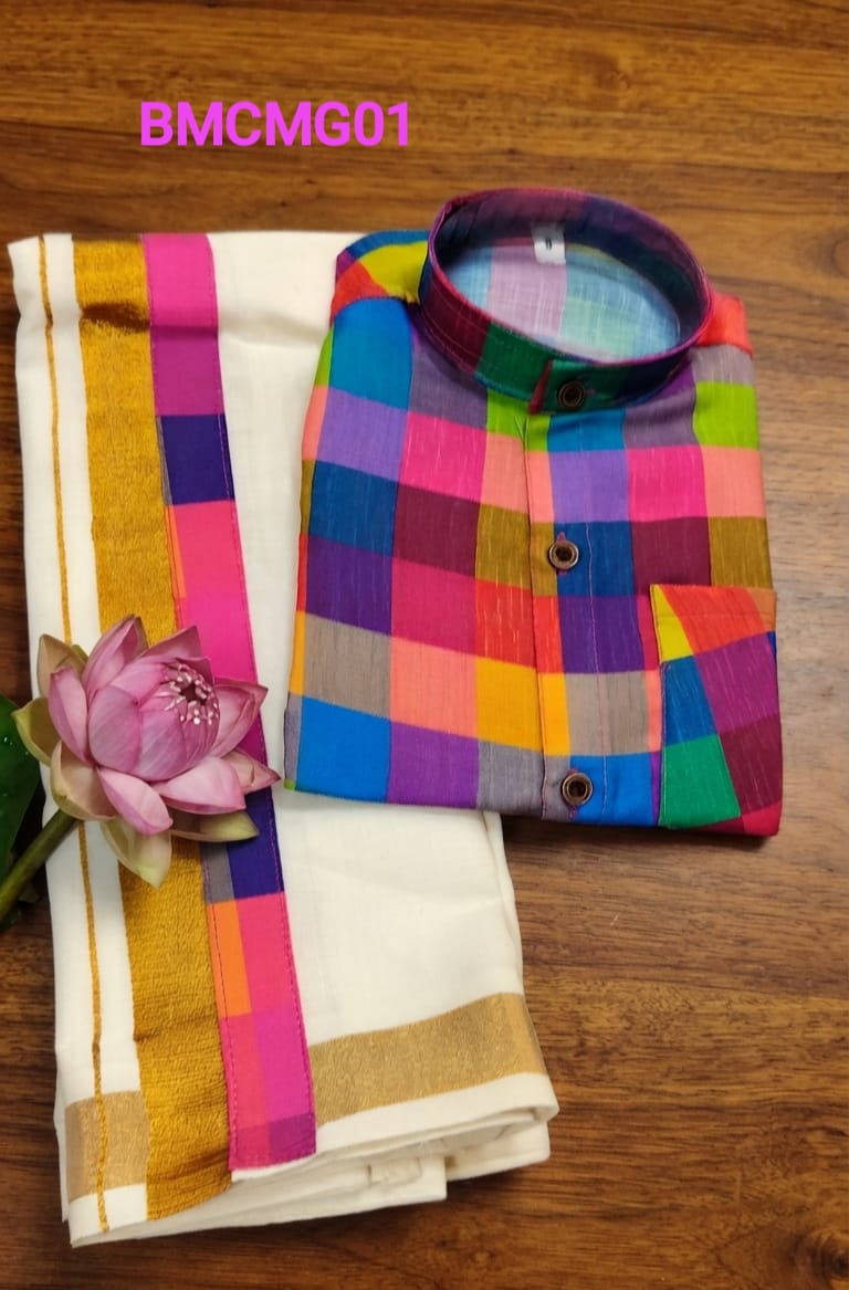 AA43(6-10yrs) Boys Madras Check Shirt & Dhoti Set | Onam Collection | Traditional Festive Wear - Image 9
