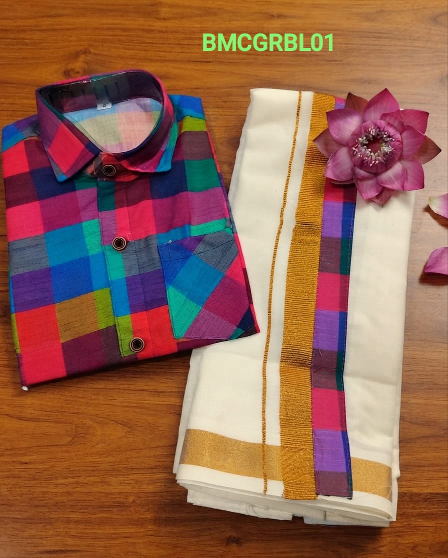 AA43(6-10yrs) Boys Madras Check Shirt & Dhoti Set | Onam Collection | Traditional Festive Wear - Image 3