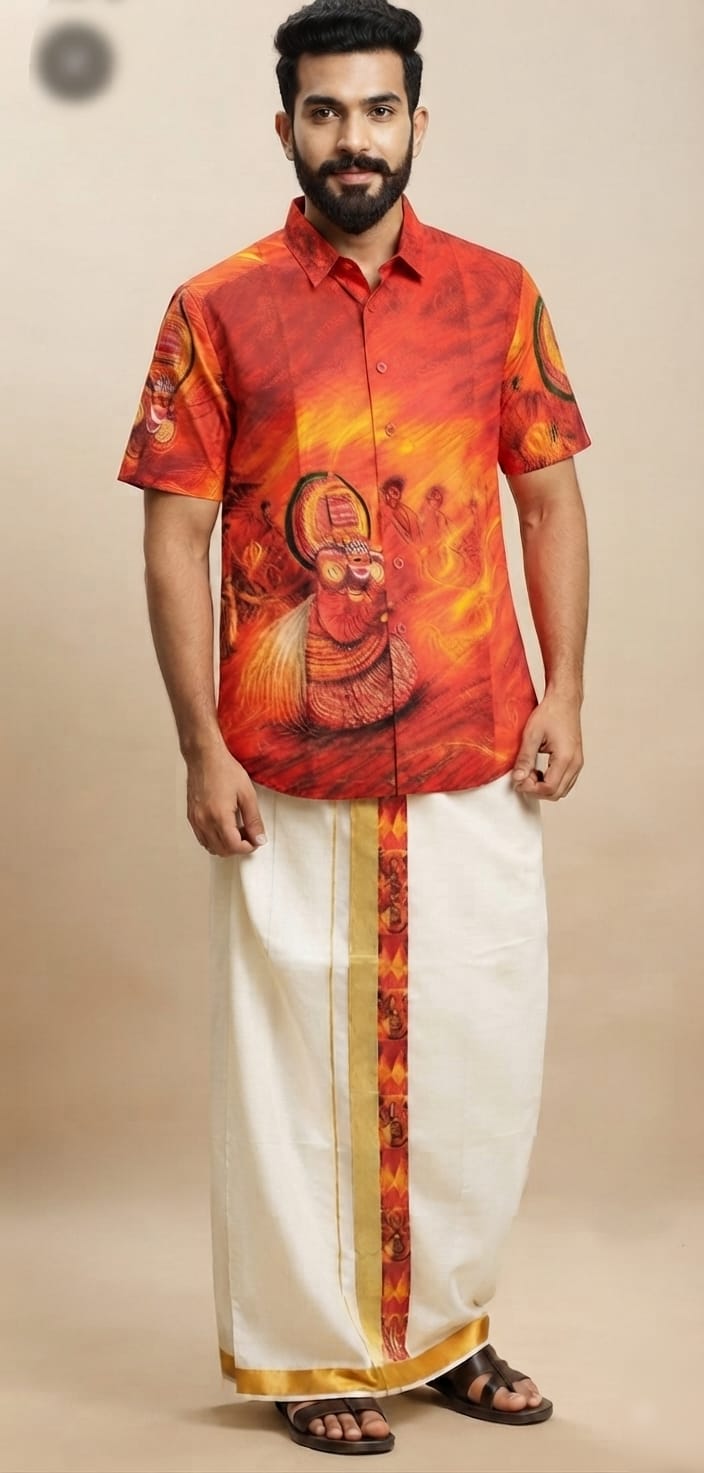 A93 Men's Fusion Shirt & Sticker Printed Mundu Combo – Traditional Festive Wear