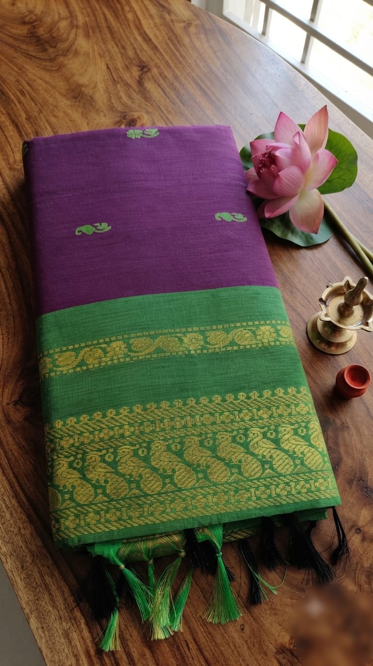 A0A47 KALYANI Cotton ROYAL PLUM Saree - Image 2