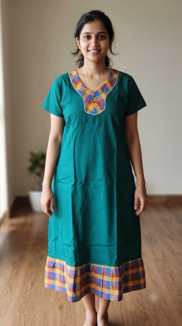 A0A51 Women's Madras Check Cotton Frock Nighty (2)| Comfortable Everyday Nightwear - Image 3