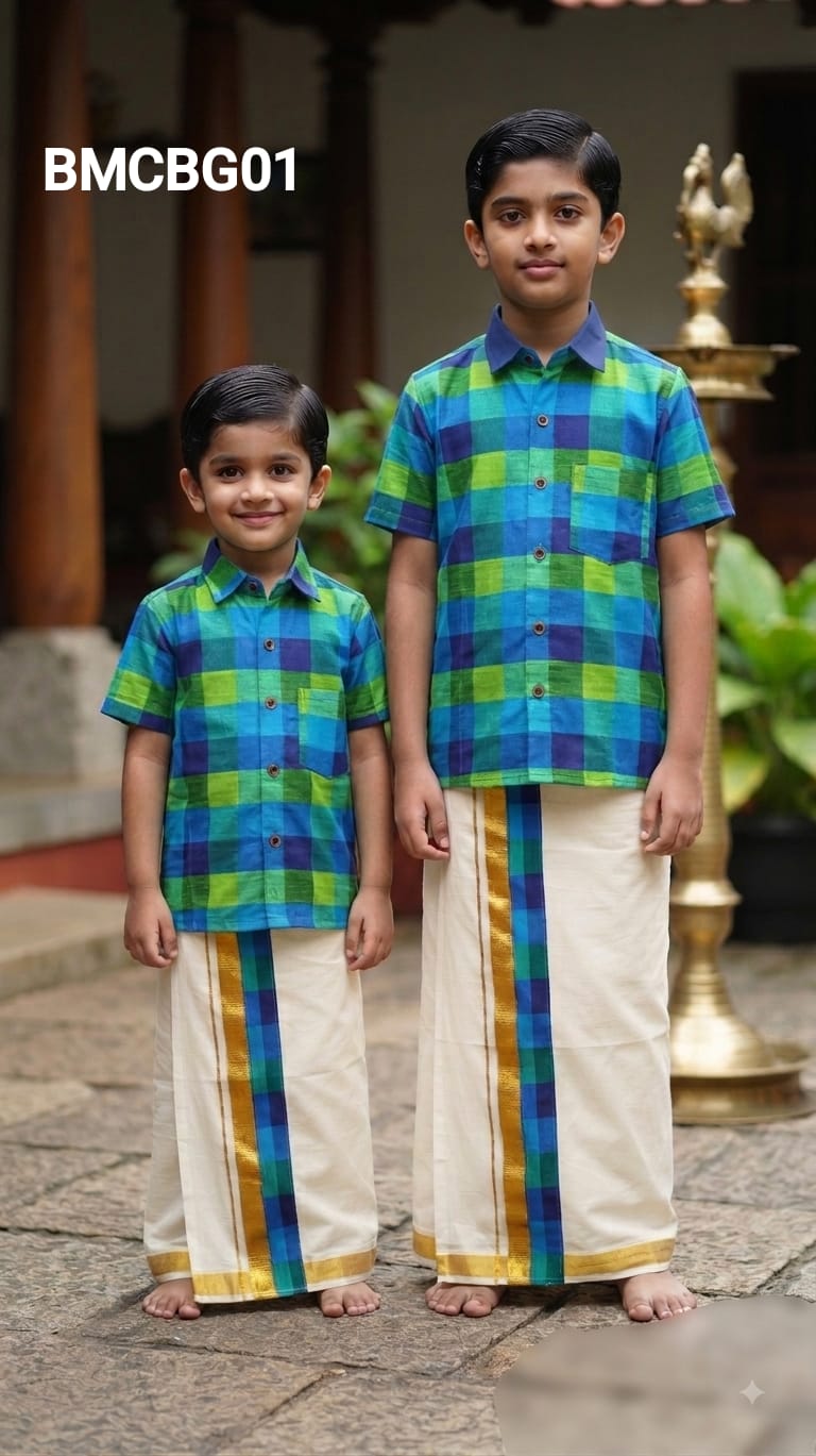 AA43(1-5yrs) Boys Madras Check Shirt & Dhoti Set | Onam Collection | Traditional Festive Wear