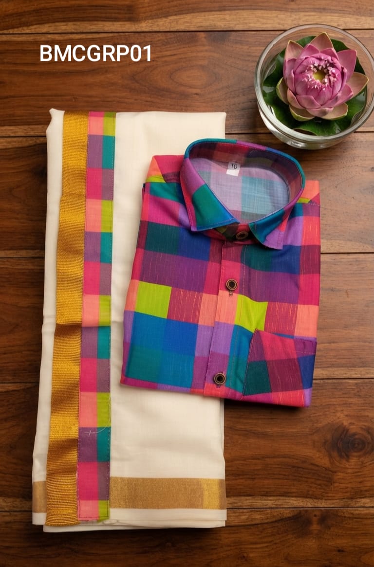AA43(6-10yrs) Boys Madras Check Shirt & Dhoti Set | Onam Collection | Traditional Festive Wear - Image 7