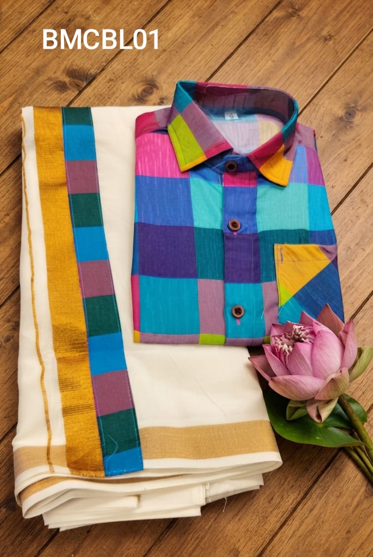AA43(6-10yrs) Boys Madras Check Shirt & Dhoti Set | Onam Collection | Traditional Festive Wear - Image 2
