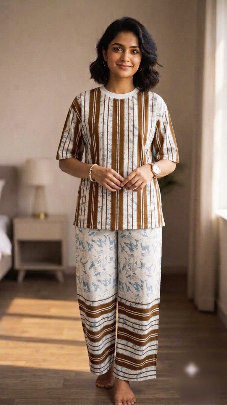 A0A49 Ladies Korean Breeze Striped Co-Ord Set | Stylish & Comfortable Two-Piece Outfit
