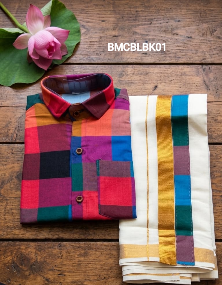 AA43(6-10yrs) Boys Madras Check Shirt & Dhoti Set | Onam Collection | Traditional Festive Wear - Image 4