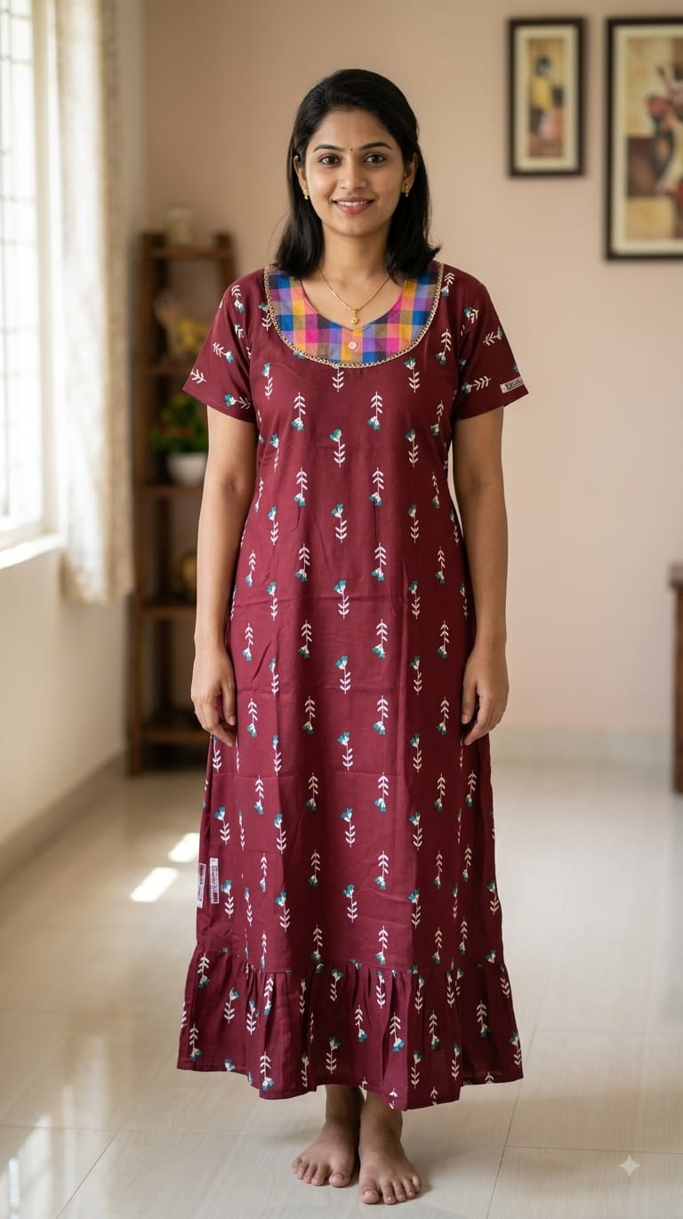 A0A44 Women's Madras Check Cotton Frock Nighty (N) | Comfortable Everyday Nightwear