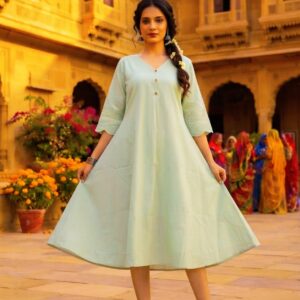 A0A46 Blush Ladies Chanderi Work Flare Dress | Elegant Ethnic Wear