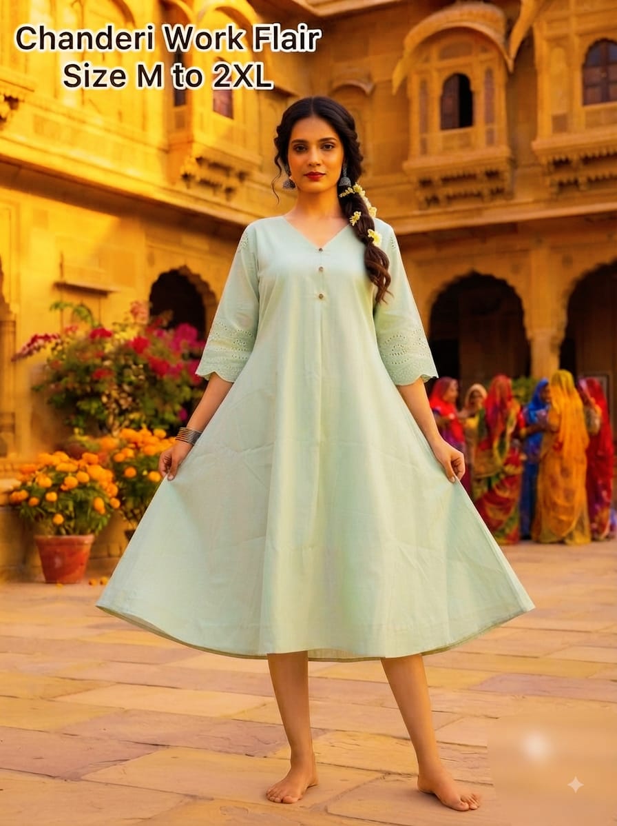 A0A46 Blush Ladies Chanderi Work Flare Dress | Elegant Ethnic Wear
