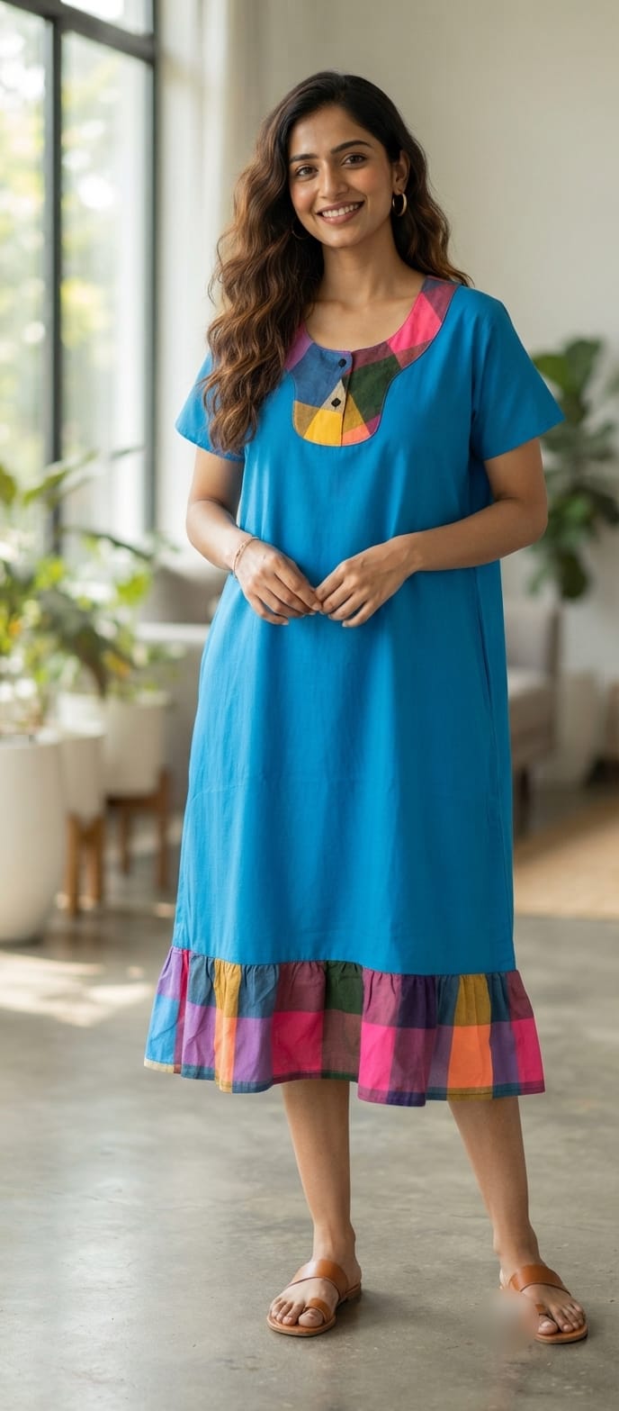 A0A51 Women's Madras Check Cotton Frock Nighty (2)| Comfortable Everyday Nightwear - Image 4