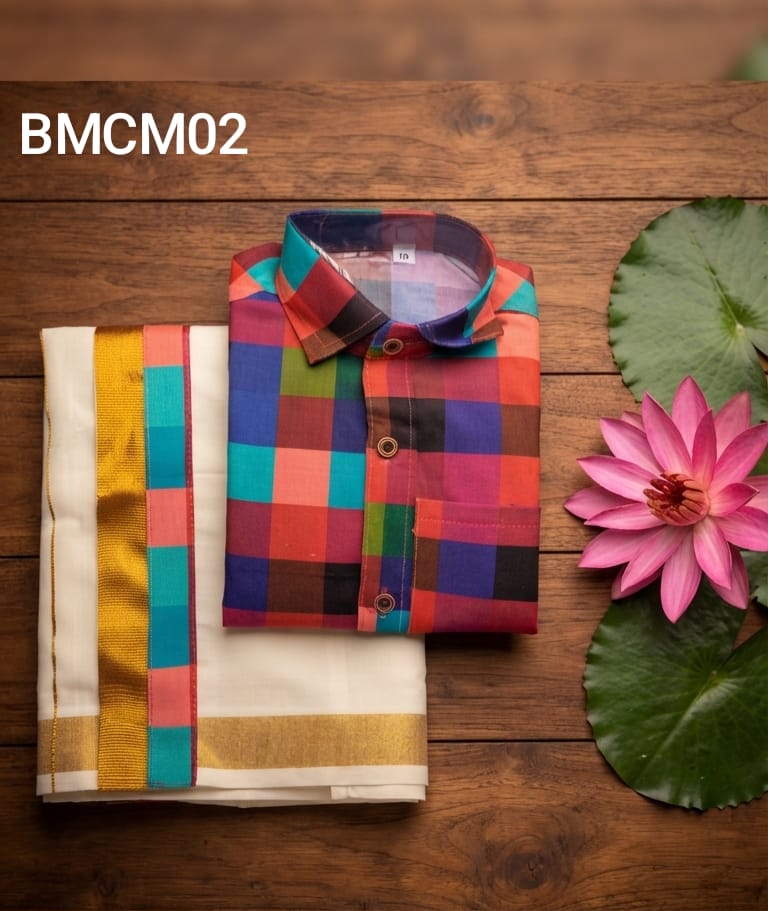 AA43(6-10yrs) Boys Madras Check Shirt & Dhoti Set | Onam Collection | Traditional Festive Wear - Image 6