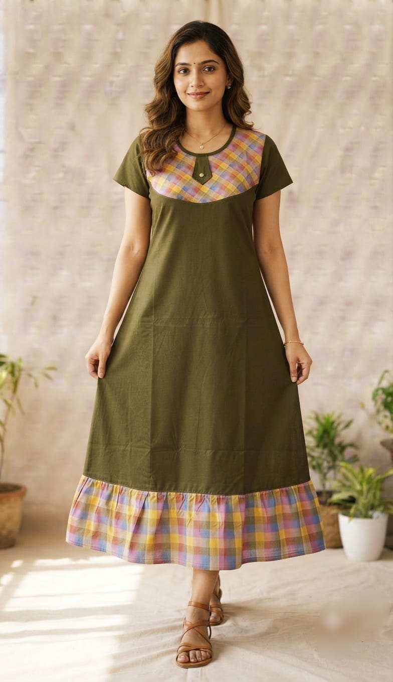 A0A51 Women's Madras Check Cotton Frock Nighty (1)| Comfortable Everyday Nightwear