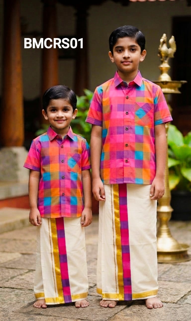 AA38(11-13yrs) Boys Madras Check Shirt & Dhoti Set | Onam Collection(2) | Traditional Festive Wear - Image 4