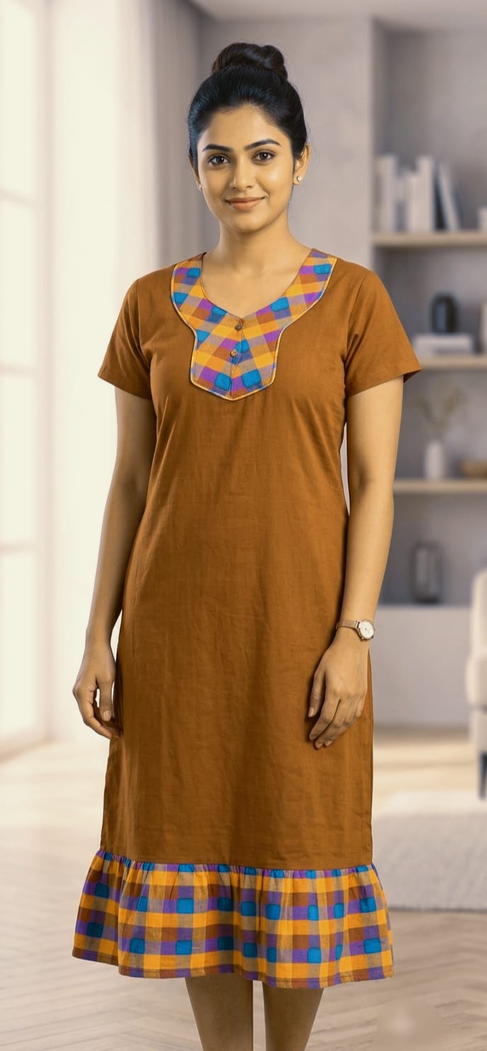 A0A51 Women's Madras Check Cotton Frock Nighty (2)| Comfortable Everyday Nightwear - Image 6