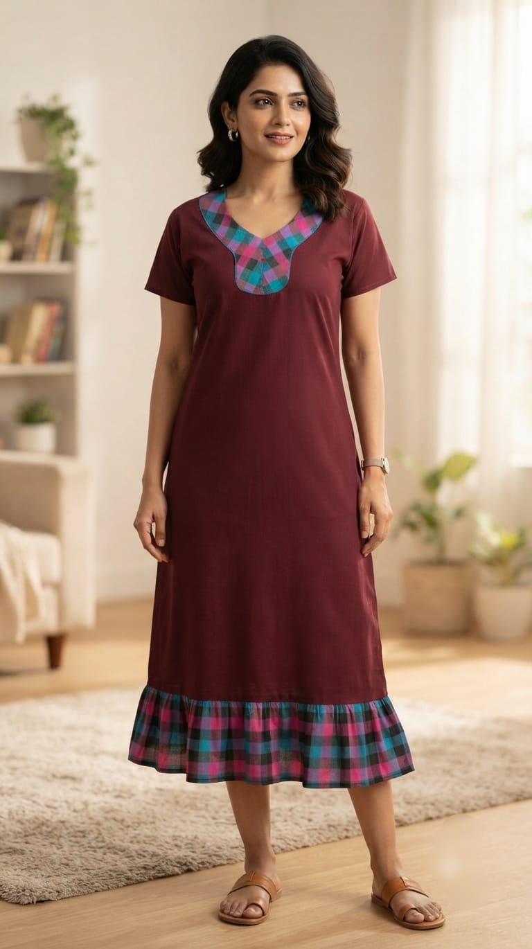A0A51 Women's Madras Check Cotton Frock Nighty (2)| Comfortable Everyday Nightwear - Image 7