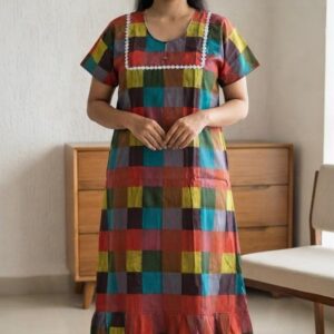 A0A44 Women's Madras Check Cotton Frock Nighty (N1) | Comfortable Everyday Nightwear