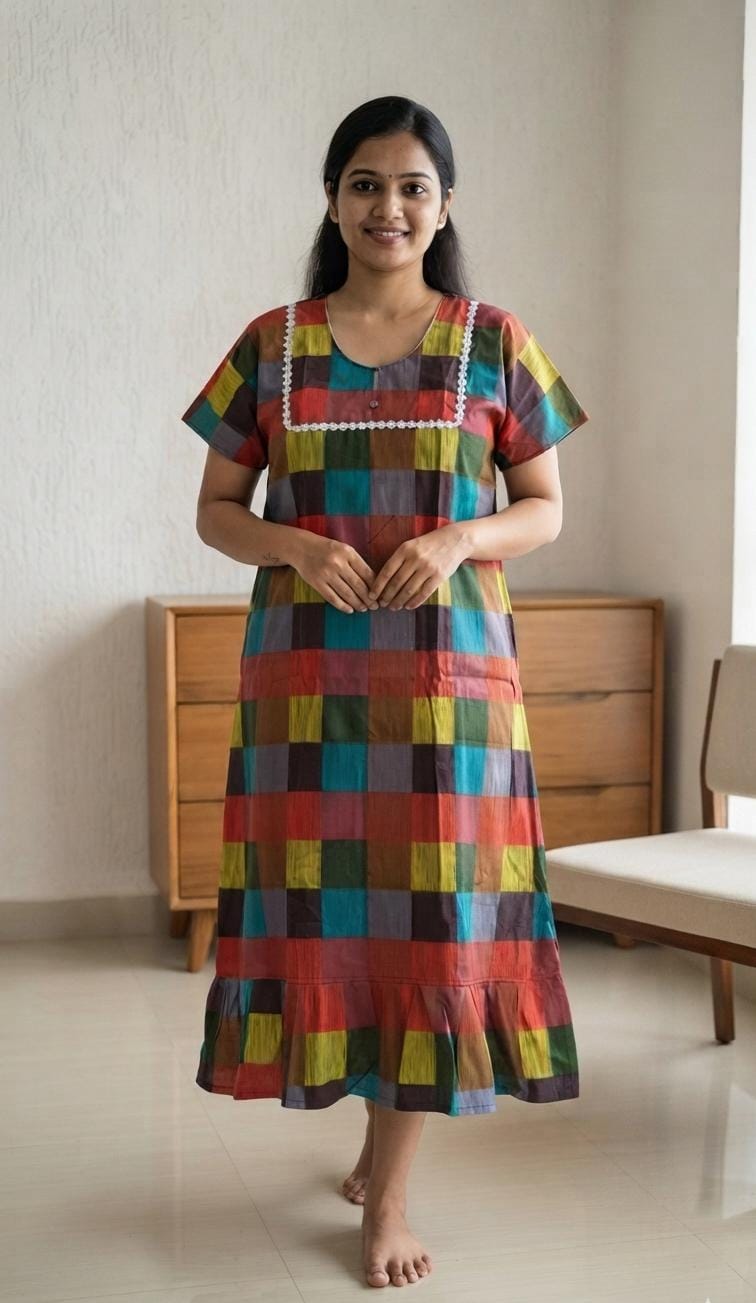 A0A44 Women's Madras Check Cotton Frock Nighty (N1) | Comfortable Everyday Nightwear