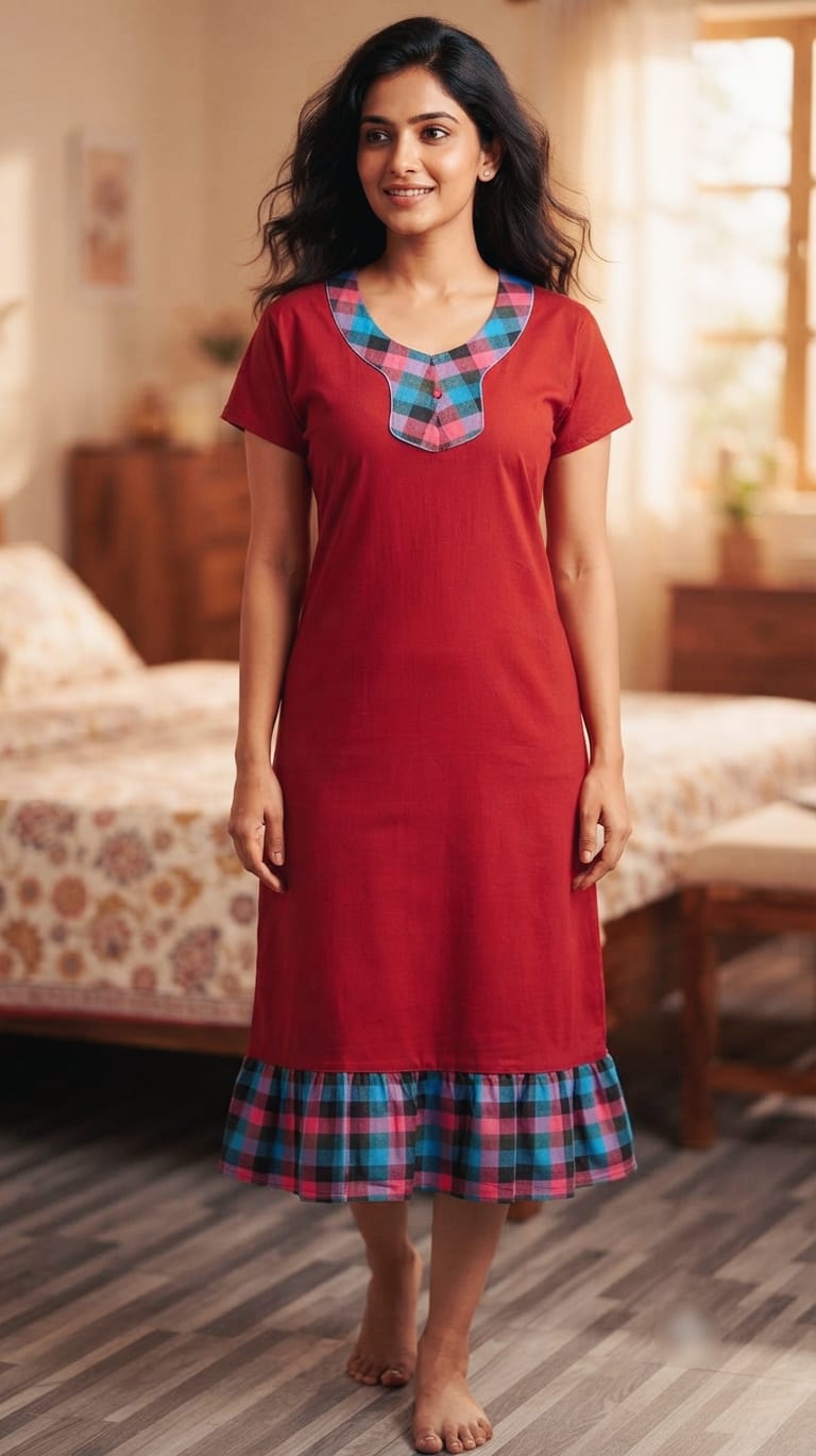 A0A51 Women's Madras Check Cotton Frock Nighty (2)| Comfortable Everyday Nightwear - Image 10