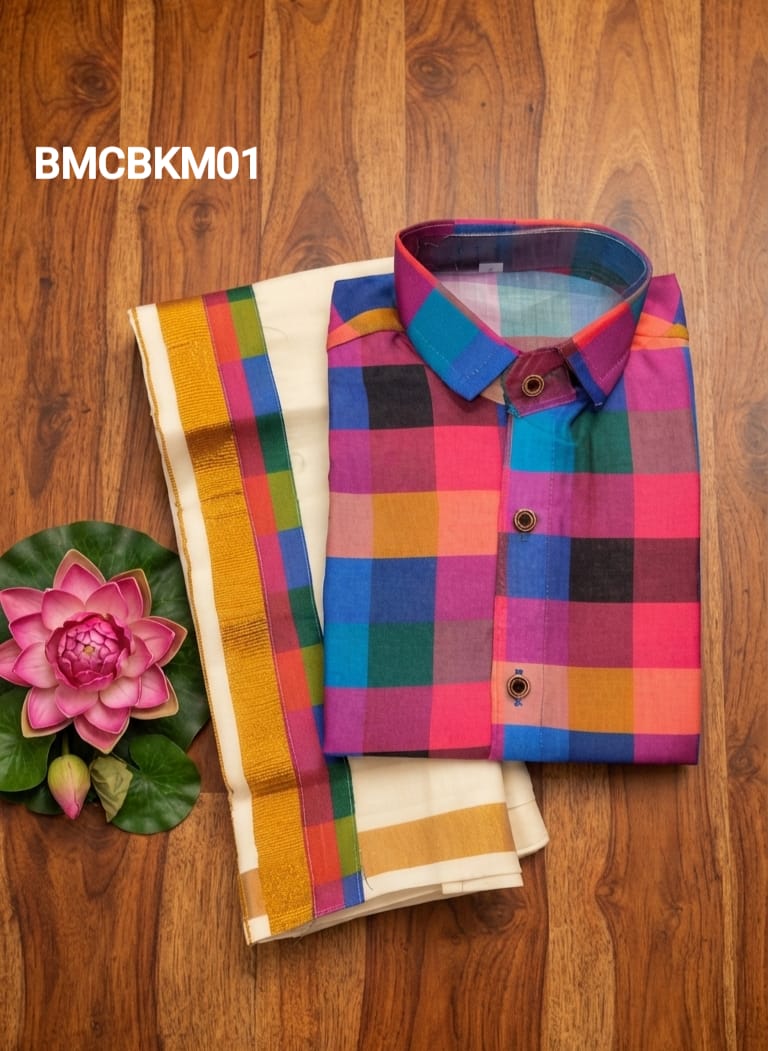 AA38(1-5yrs) Boys Madras Check Shirt & Dhoti Set | Onam Collection(2) | Traditional Festive Wear - Image 5