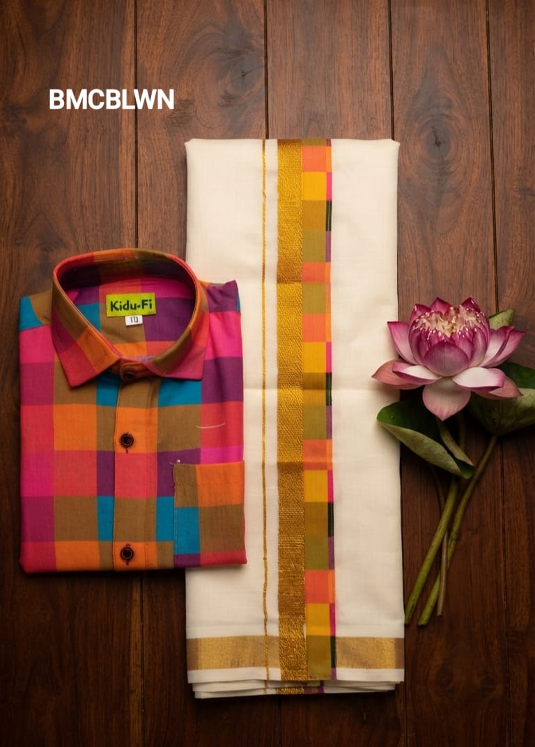 AA38(11-13yrs) Boys Madras Check Shirt & Dhoti Set | Onam Collection(2) | Traditional Festive Wear - Image 6