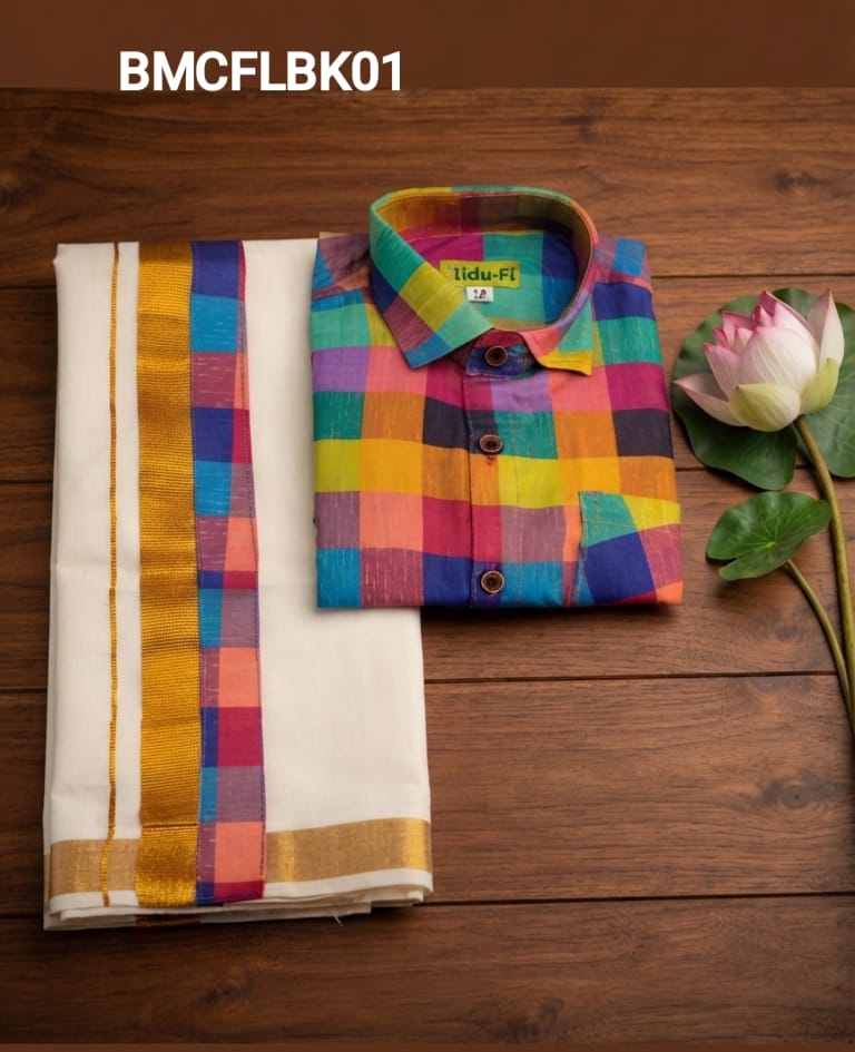 AA38(11-13yrs) Boys Madras Check Shirt & Dhoti Set | Onam Collection(2) | Traditional Festive Wear - Image 7