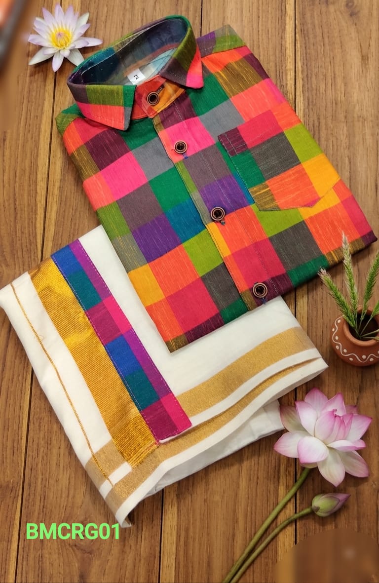 AA38(6-10yrs) Boys Madras Check Shirt & Dhoti Set | Onam Collection(2) | Traditional Festive Wear