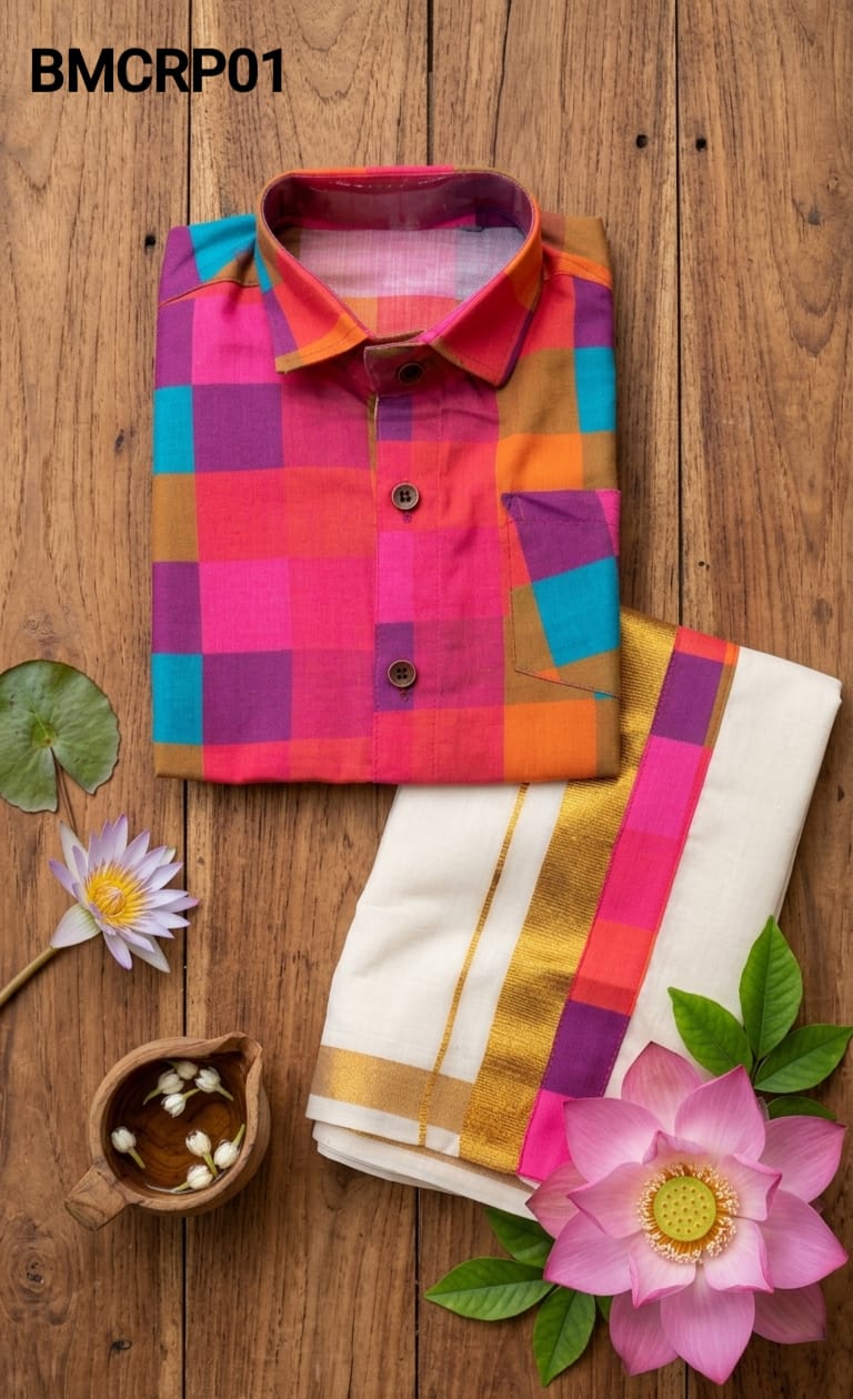 AA38(11-13yrs) Boys Madras Check Shirt & Dhoti Set | Onam Collection(2) | Traditional Festive Wear - Image 2