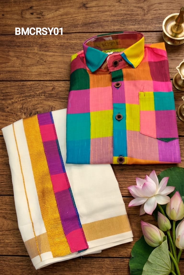 AA38(1-5yrs) Boys Madras Check Shirt & Dhoti Set | Onam Collection(2) | Traditional Festive Wear - Image 2