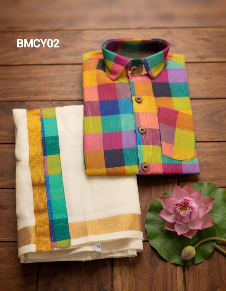 AA38(11-13yrs) Boys Madras Check Shirt & Dhoti Set | Onam Collection(2) | Traditional Festive Wear - Image 3