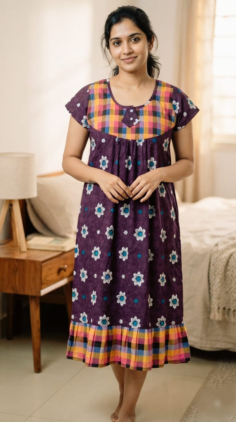 A0A44 Women's Madras Check Cotton Frock Nighty (N2) | Comfortable Everyday Nightwear