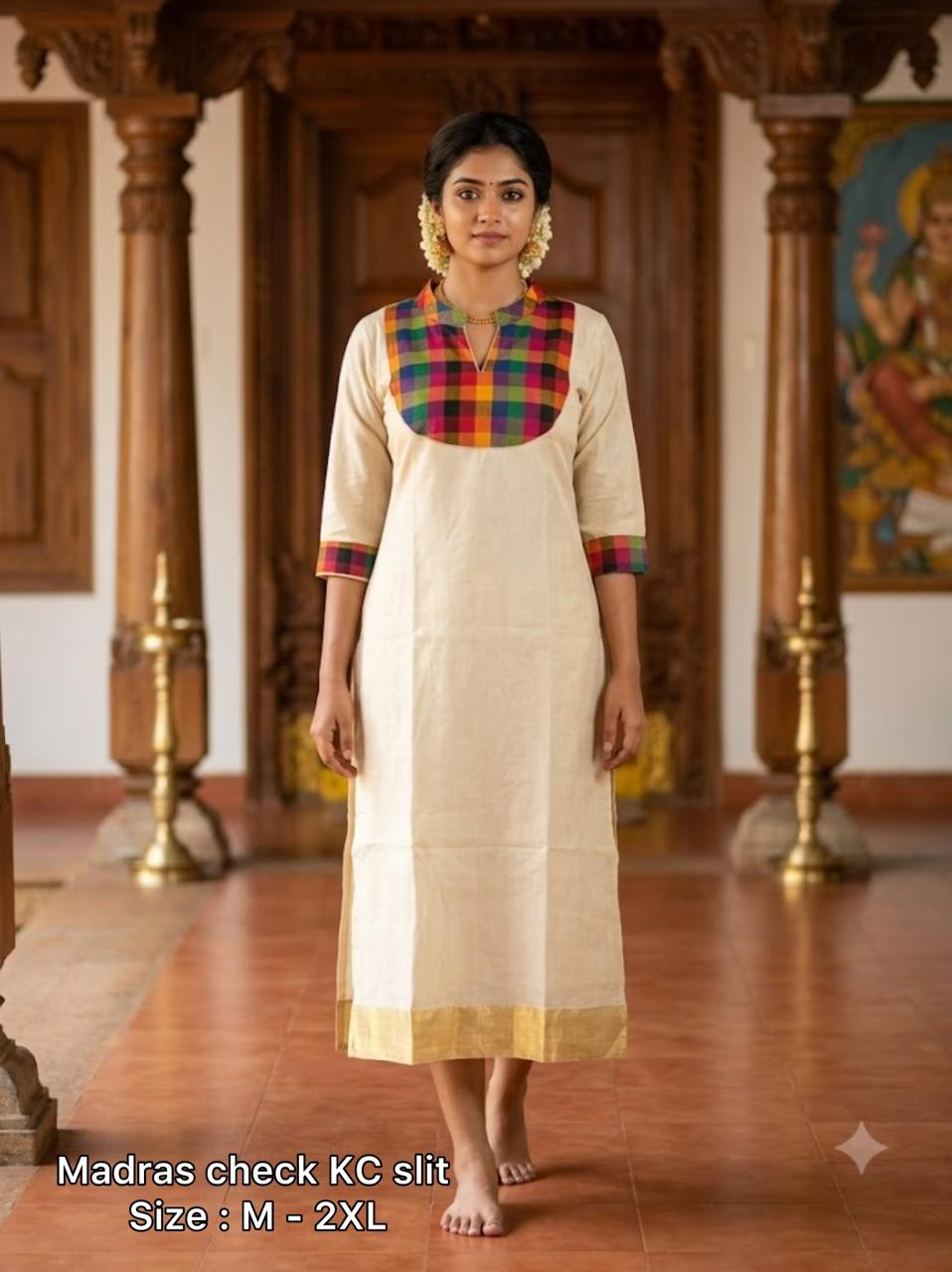 A0A56 Women's MADRAS CHECK SLITTED KURTHI Onam outfit – Elegant Casual Wear
