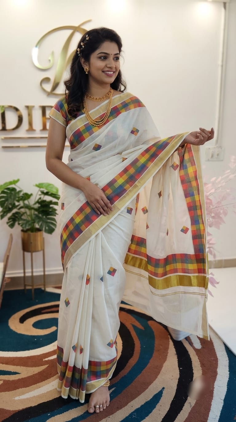 A0A52 Mudras check saree Cotton Embroidery Silver Kasavu Saree