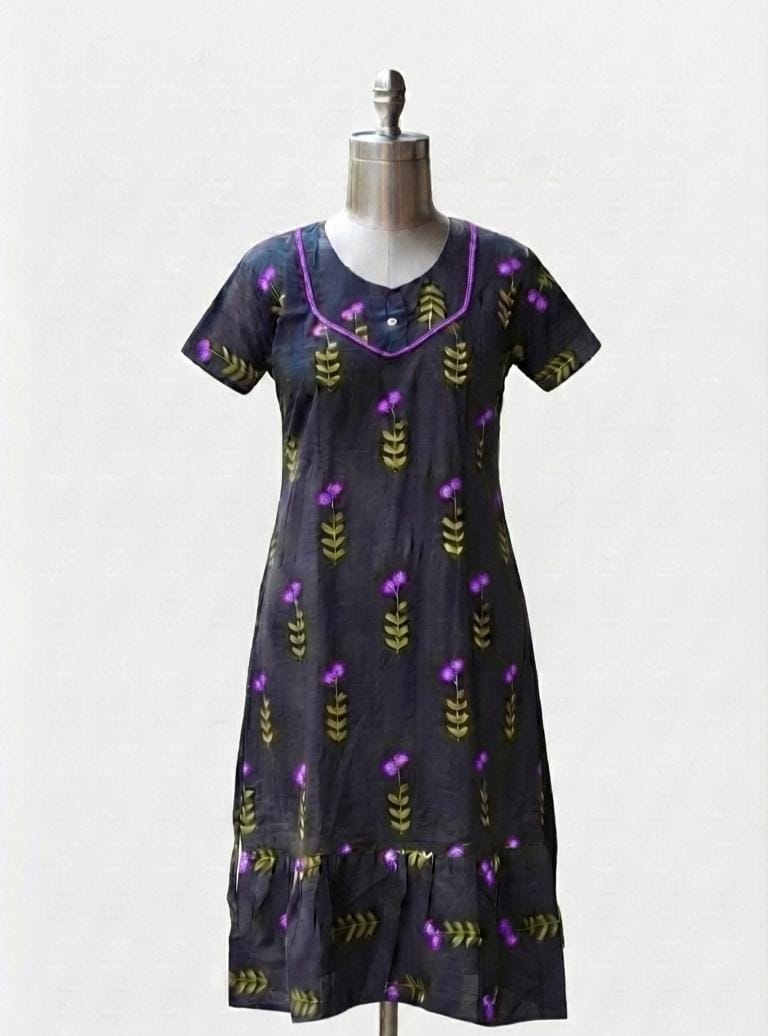A0A55 Women’s  BLACK BLOSSOM Frock Style Nighty – Comfortable Daily Nightwear